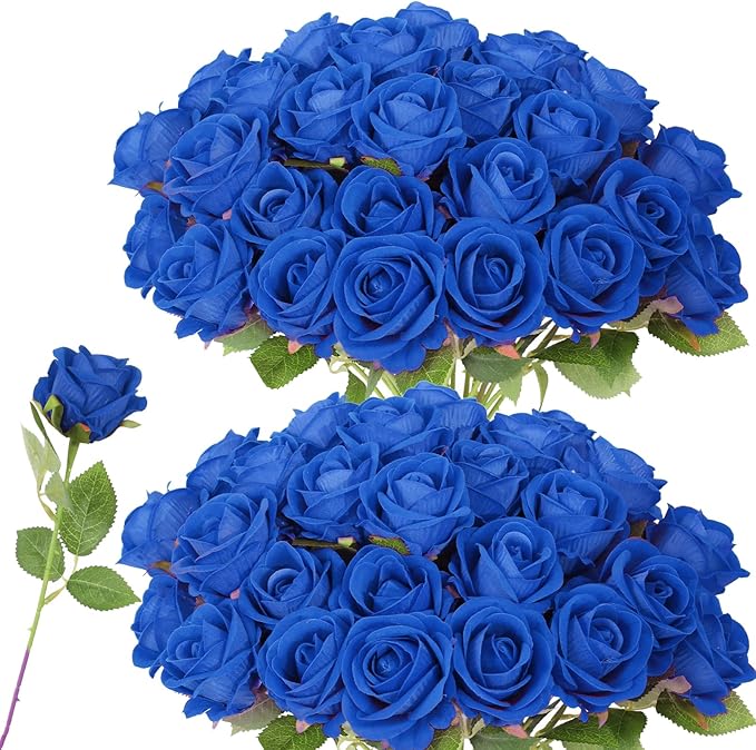 52 PCS Royal Blue Roses, Faux Blue Rose Bouquet, Silk Rose with Stems for Wedding Flowers Decoration, Valentines Day Mothers Day, Wedding Decoration