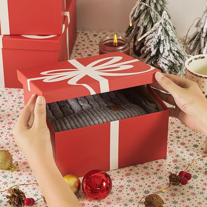 Soul & Lane Christmas Square Decorative Boxes with Lids - Set of 4 - Festive Red, Reusable Large Nesting Holiday Gift Boxes for Presents and Décor
