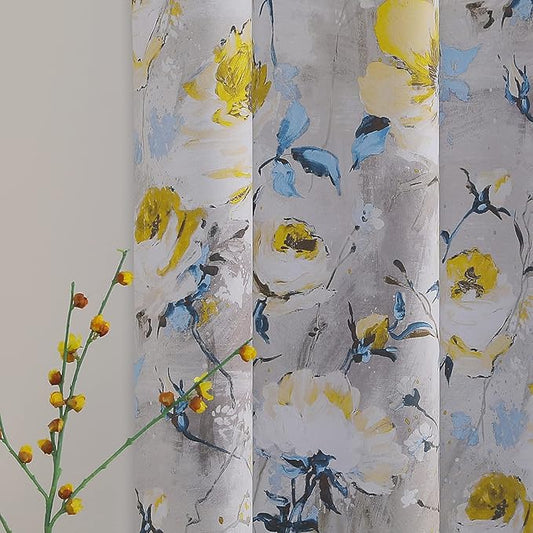 MYSKY HOME Yellow Floral Curtains, 108 Inch Length, 2 Panels, Thermal Insulated, Room Darkening, Grommet, Vintage Decorative Curtains for Living Room in Grey and Yellow