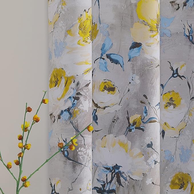 MYSKY HOME Floral Blackout Curtains for Living Room Vintage Floral Curtains Drapes 72 Inches Room Darkening Thermal Insulated Curtains Panels with Grommet, 2 Panels, 52 x 72 Inch, Grey and Yellow
