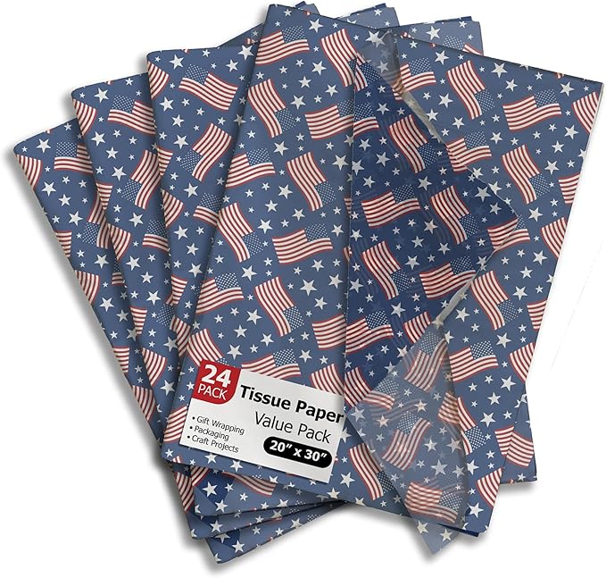 American Flag Printed Tissue Paper for Gift Bags or Boxes and Wrapping - Fourth of July Summer Bulk Decorative Art Tissue Paper for Packaging and Gifting | 24 Sheets 20" x 30"