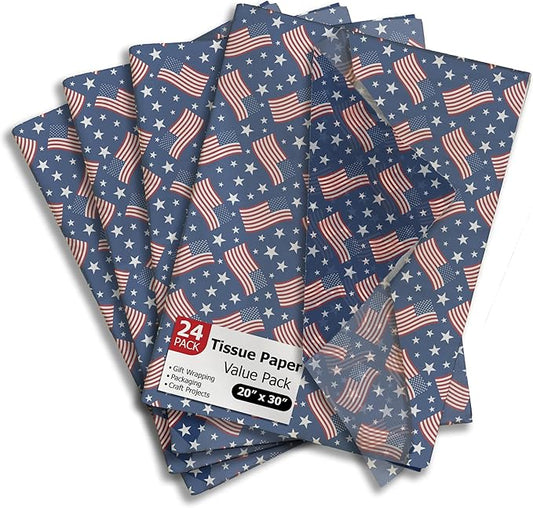 American Flag Printed Tissue Paper for Gift Bags or Boxes and Wrapping - Fourth of July Summer Bulk Decorative Art Tissue Paper for Packaging and Gifting | 24 Sheets 20" x 30"