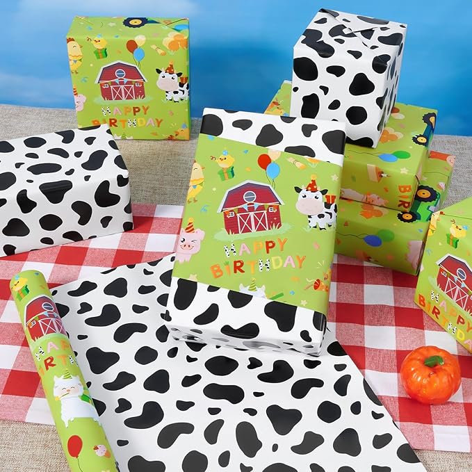 WERNNSAI Farm Animal Wrapping Paper - 1 Roll 17” x 16.4 ft Green Farm Gift Wrapping Paper for Kids Birthday Baby Shower Animal Gift Packing Decoration Supply Reversible Cow Prints Design