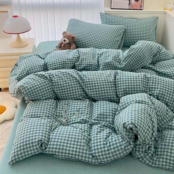 LifeTB Twin XL Comforter Set Green Gingham Comforter for Men Boys Geometric Plaid Comforter Set Fluffy Soft Plaid Gingham Bedding Set Green Blue Grid Checkered Pattern Comforter with 2 Pillowcases