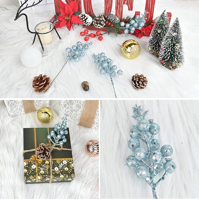 Lvydec 16pcs Christmas Glitter Berry Stems, 7.8" Artificial Christmas Picks for Christmas Tree Ornaments, DIY Xmas Wreath, Crafts, Holiday and Home Decor (Light Blue)