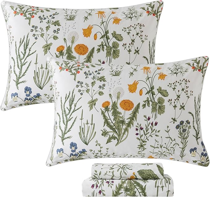 FADFAY 100% Egyptian Cotton Sheets Twin Botanical Printed Floral Sheets Yellow Flowers & Leaves Pattern Farmhouse Bedding Soft and Breathable French Country Bedding 4Pcs Deep Pocket Twin Sheet Set