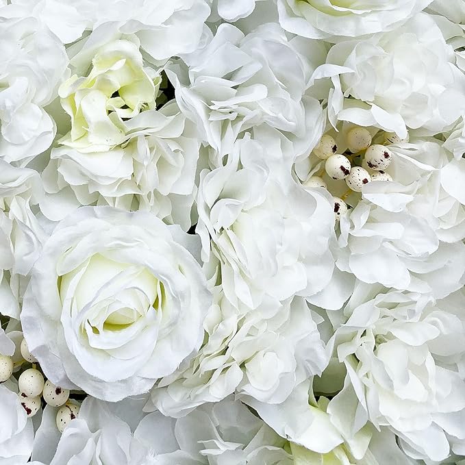12pcs 24" x 16" Artificial Flower Wall Panel Background,3D White Plastic Hydrangea Rose Flowers Wall Backdrop for Wedding Party Event Photo Backdrop Wall Decor (White)