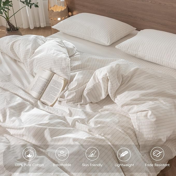 MooMee Striped Duvet Cover Set 100% Washed Cotton Linen Like Textured Breathable Durable Soft Comfy (White Almond Milk Grey Wide Stripes, Palatial King/Oversized King 120"x98")