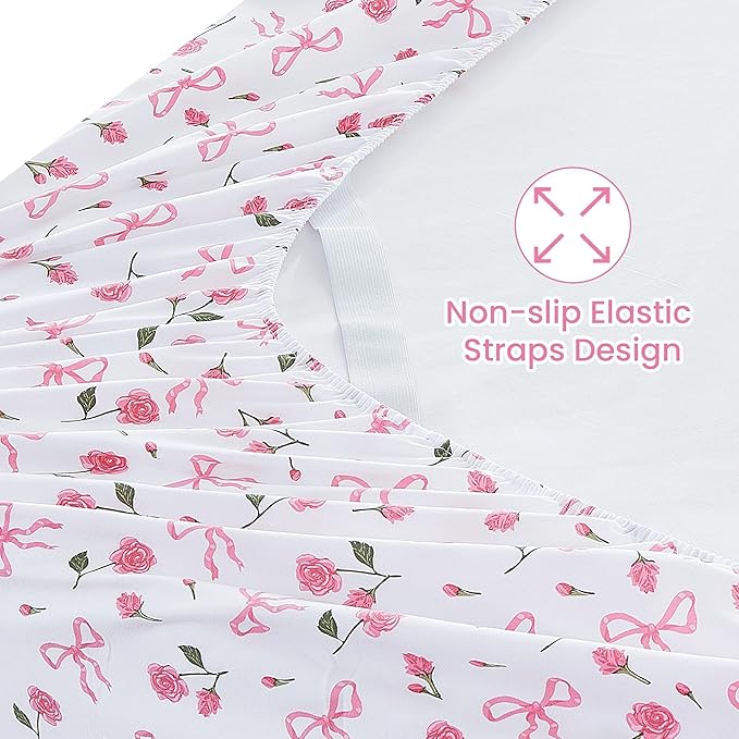Softan Pink Floral Twin Bed Sheets, Cozy Microfiber Flower Printed Sheets with 15" Deep Pocket Fitted Sheet & Non-Slip Straps, Patterned Pink Rose - Bow Sheets & Pillowcase Set