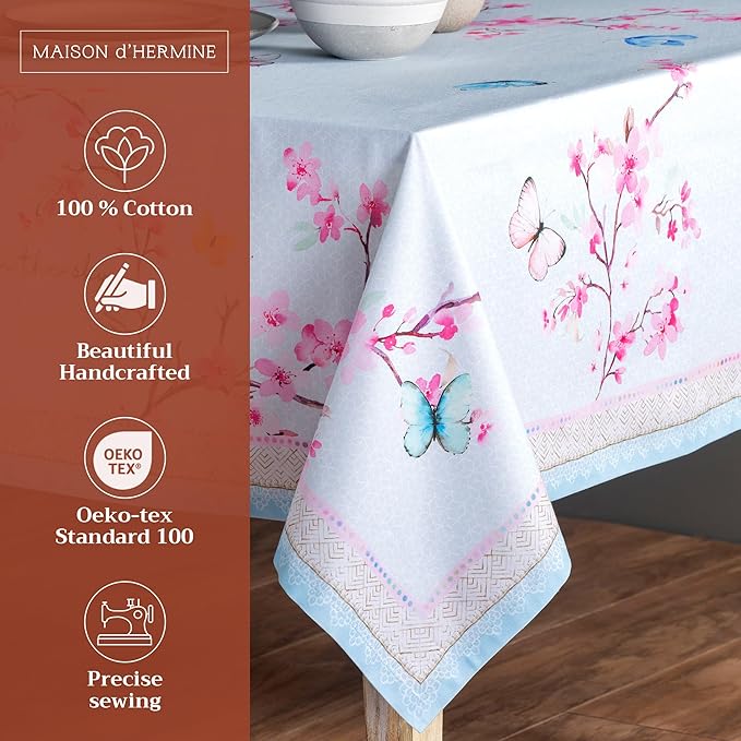 Maison d' Hermine Table Cloth Square Table 100% Cotton 54 x 54 Inches Tablecloth Reusable Decorative for Dining Room, Farmhouse, Home, Party, Festive & Wedding Spring Summer - Blossoms in Spring