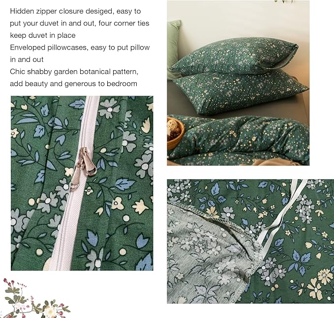 EAVD Vintage Style Garden Green Floral Duvet Cover King Soft Jersey Knit Cotton Aesthetic Floral Bedding Set Chic Botanical Green Duvet Cover with Zipper