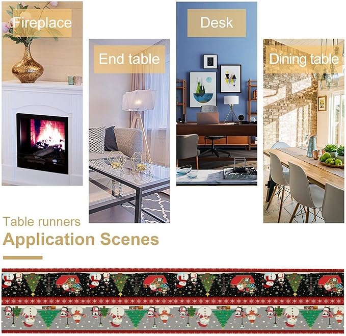 Christmas Table Runner,Cartoon Snowman Tree Xmas Deer Elk Santa Claus Print Tablecloth Burlap for Hotel Indoors Outdoor Dining Room Kitchen Home Decor,W13X L60 in