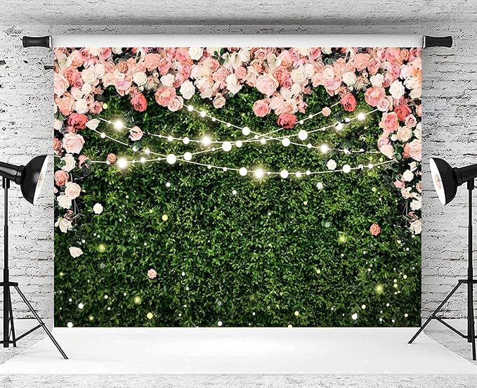 9x6ft Flower Wall Backdrop Pink Rose Floral Blossom Green Leaves Photography Background Women Girls Birthday Party Wedding Banner Decorations Portraits Supplies Photo Booth Props