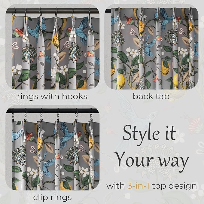 Floral Grey Pinch Pleated Blackout Curtains,Mid Century Botanical Printed Curtains 96 Inches Long for Living Room Bedroom,Vintage Floral Lemon Hummingbird Colorful Drapes, 2 Panels