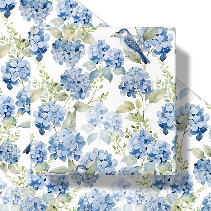 LeZakaa Hydrangea Wrapping Paper Roll, Whimsical Blue Bird Flowers Design for Wedding Bridal Shower Birthday Baby Shower, Kids' Parties, Girls, Boys, Mini Roll 17 in x 16.4 Ft
