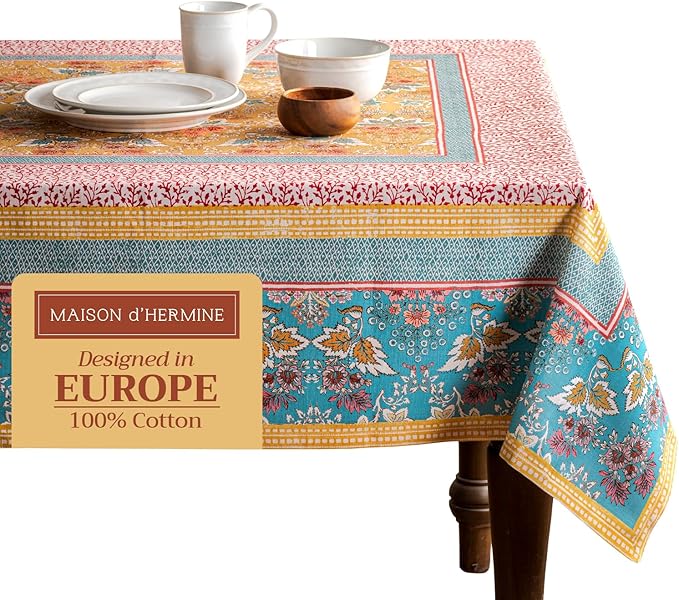 Maison d' Hermine Table Cloth Rectangle Table 100% Cotton 54 x 72 Inches Tablecloth Reusable Decorative Everyday Use for Dining Room, Farmhouse, Home, Party, Festive & Wedding Spring Summer - Marquise