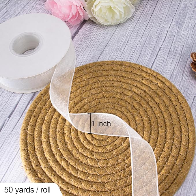 Sheer Organza Ribbon 1 Inch Chiffon Ribbons for Gift Wrapping, Flower Bouquet, 50 Yards/Roll (White)