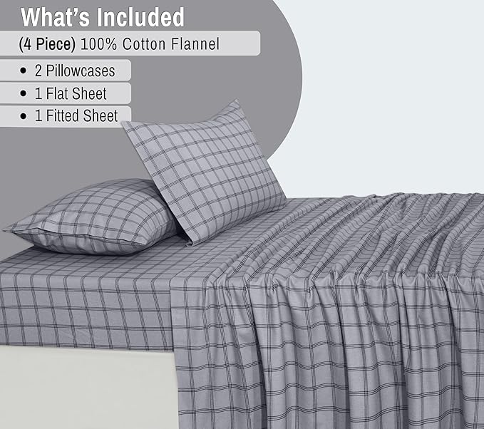 RUVANTI Flannel Sheets King Size - 100% Cotton Brushed King Size Sheets Set - Deep Pockets 16 Inches Bed Sheets - All Seasons Breathable & Extra Soft - Warm & Cozy, 4 Piece, Open Grid Check