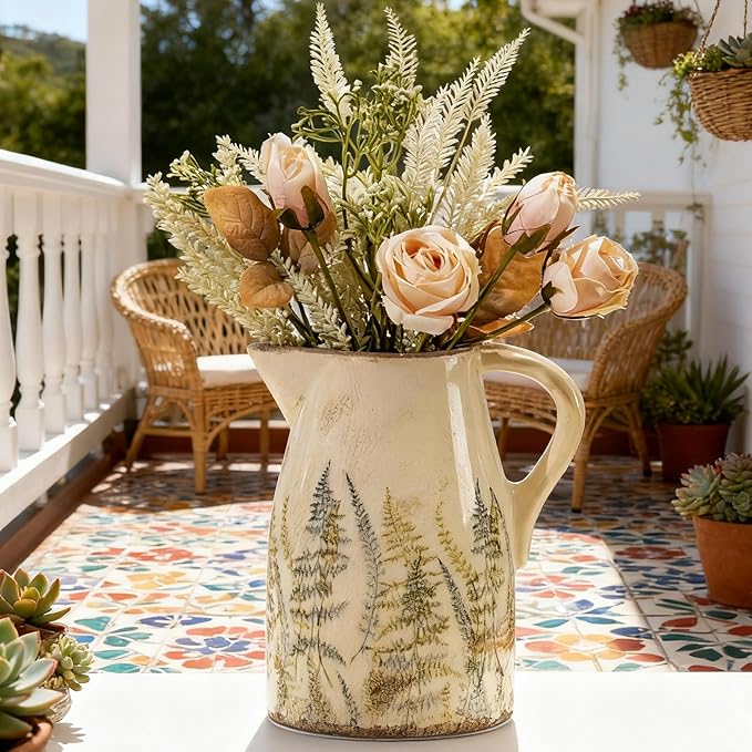 Vintage Ceramic Pitcher Vase with Handle, Farmhouse Green and Purple Large Floral Vases, French Country Decorative Vase, Rustic Table Centerpiece for Home Decor, Bookshelf, Office 7.3 Inch