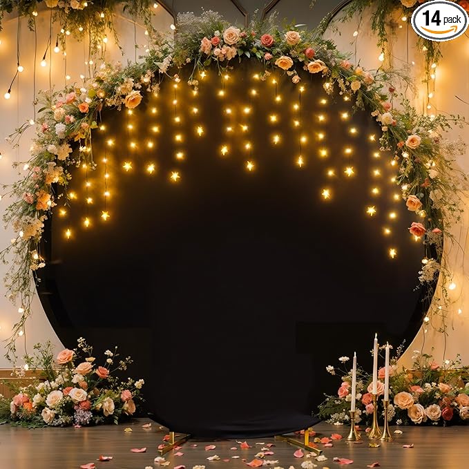 7.2 FT Black Round Backdrop Cover with Lights String for Circle Arch Stand Circle Backdrop Covers with LED Fairy Lights for Wedding Arch Baby Shower Birthday Party Photo Shoot Photography Background