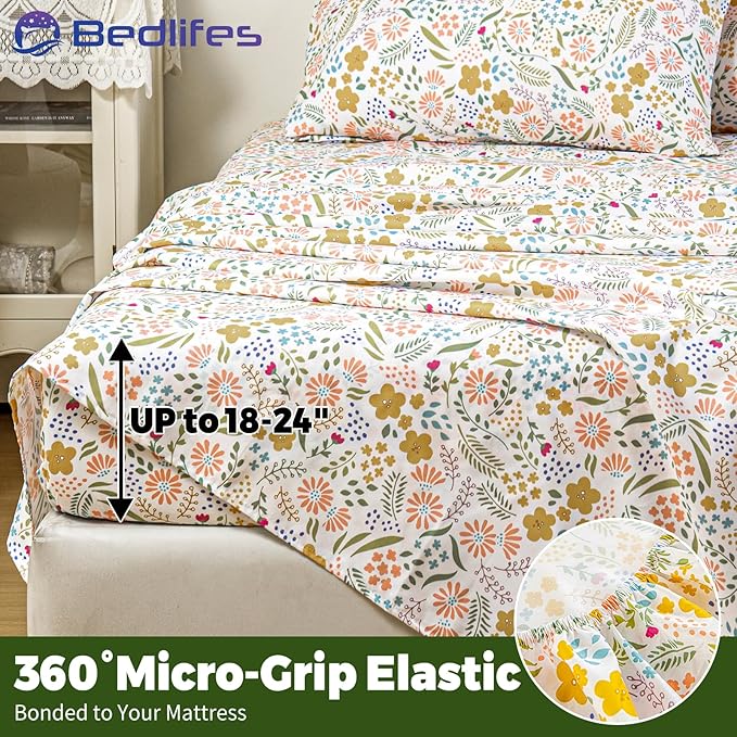 Bedlifes Extra Deep Pocket 18-24" King 4-Piece Sheet Set - Cooling Sheets Blend Rayon Derived from Bamboo Soft & Breathable,Featuring Floral