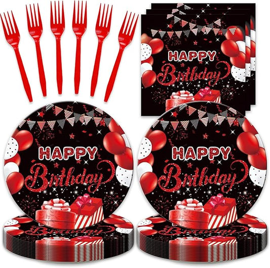 48Pcs Black and Red Happy Birthday Decorations Tableware Inculde Plates Napkins Forks Red and Black Birthday Party Supplise Serve 16 Guests