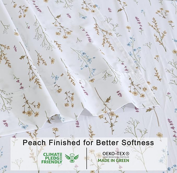 RUVANTI 100% Organic Cotton Sheets Split King, Percale Weave, GOTS Certified, 5-Piece Set, Deep Pocket 15", Crisp & Breathable, Soft Durable Bedding, Sábanas Algodón Orgánico – Field Flower
