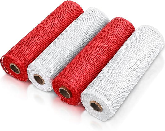 Chuangdi 4 Rolls Poly Burlap Mesh Poly Burlap Deco Ribbon Mesh Roll for Christmas Spring Summer Easter 4th of July DIY Flower Wreath Garland, 10 Inch