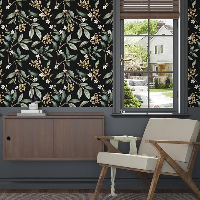 Vintage Leaf Peelable Wallpaper, Black Green Leaf Botanical DIY Craft Self-Adhesive Contact Paper for Cabinet Drawer Decor, Vinyl Wall Paper Dark Green Wall Cover Decor 17.5" x 78"