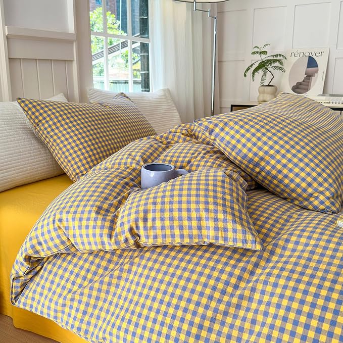 LifeTB Queen Comforter Set Purple Yellow Gingham Comforter Geometric Checkered Pattern Comforter Set Boho Grid Plaid Bedding Comforter Fluffy Soft Farmhouse Grid Bedding Set Queen Size Durable