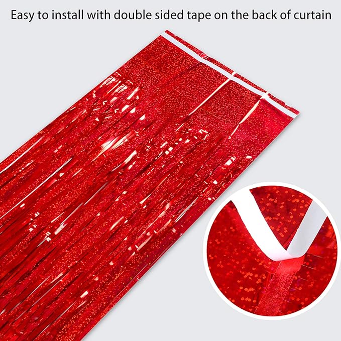 Melsan Red Tinsel Foil Fringe Curtains Backdrop, 3.2 ft x 8 ft Sparkle Tinsel Backdrop Streamers for Christmas Valentines Patriotic Birthday Party Decorations, 2 Packs