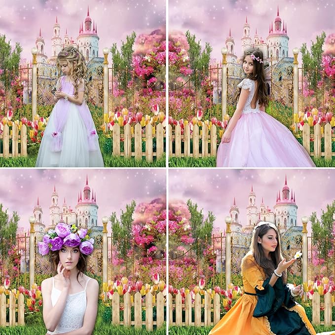 10x8ft Fantasy Castle Wonderland Backdrop Flower Garden Sweet Princess Birthday Party Photography Backdrop Girls Portrait Banner Baby Shower Kids Birthday Party Decorations
