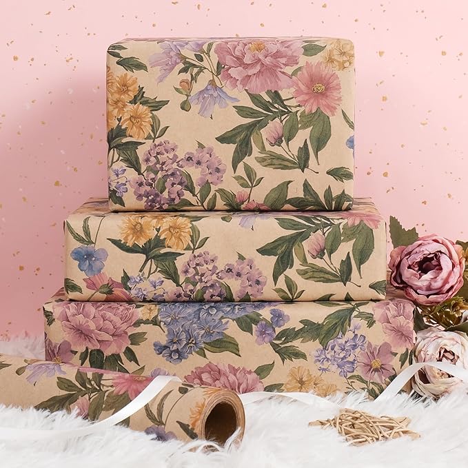 RayofSun Kraft Floral Wrapping Paper Roll 17 in x 32 ft Mini Roll Vintage Pink Peonies Wildflowers Garden Flower Gift Wrap Paper for All Occasion Wedding Birthday Bridal Shower Party Christmas
