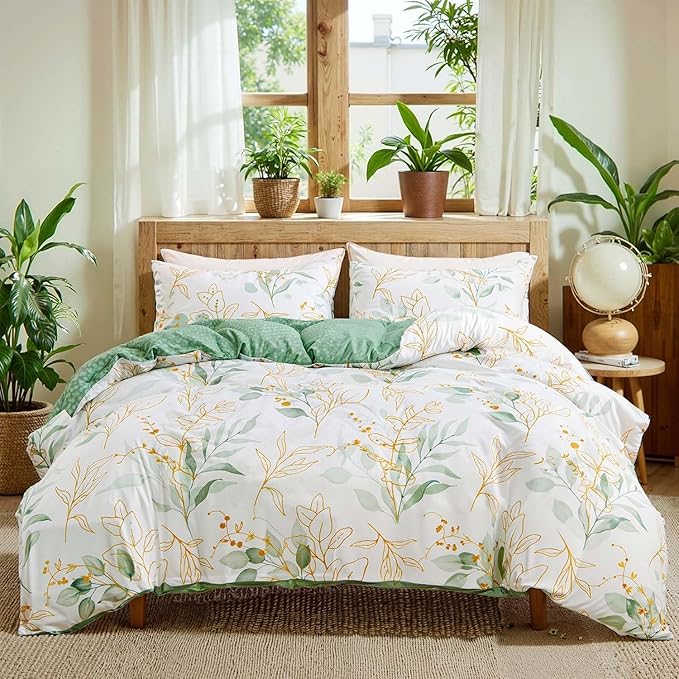 Nayoroom White Floral Duvet Cover Queen Size Green Gold Leaves Printed Reversible Botanical Comforter Cover 3 Pieces Soft Breathable Microfiber Cottagecore Bedding Set with Zipper Closure