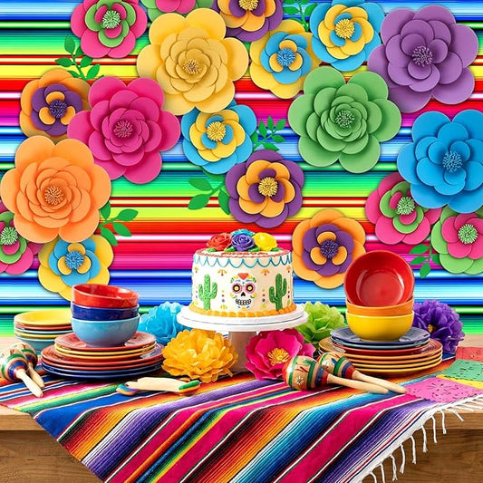 Frienda 36 Pcs DIY Paper Flower Decor Set with 83x59 Inch Custom Background Cloth and Rope, Artificial 3D Flower Wall Decor for Wall Bulletin Board Wedding Halloween Mexican Festive Party (Stripe)