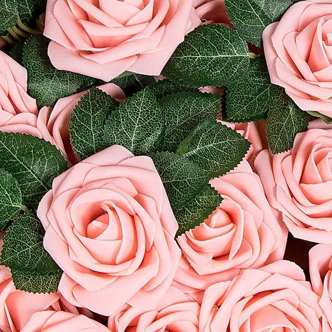Artificial Flowers Roses 50pcs Pink Roses Wedding Decoration Real Looking Fake Roses w/Stem for DIY Wedding Bouquets Centerpieces Arrangements Party Baby Showers Home Decorations (Peach Pink, 50 pcs)