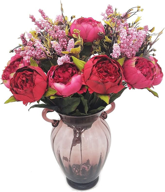 2pcs Artificial Peony Bouquets,19 Inch Silk Peony Bunch with 7 Faux Flowers,Classical Style Artificial Flowers with Leaves and Ornaments for Wedding,Home Décor Centerpieces(Red)