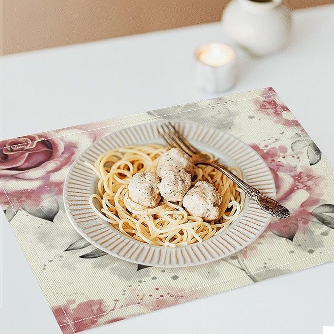 Rose Placemats Set of 6, 17x12 Inch Vintage Romantic Floral Pink Rose Gray Leaf White Table Mats for Home Party Kitchen Dining Decor