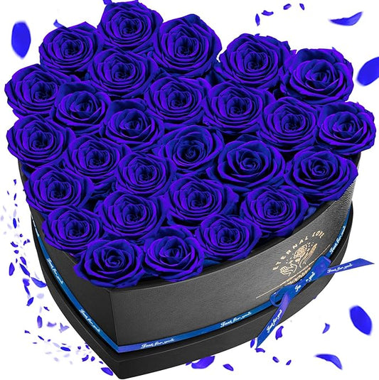 Preserved Rose in Heart Shape Box, 27 Forever Flowers, Eternal Roses, Birthday Gifts for Women, Wife, Her, Mother's Day, Blue