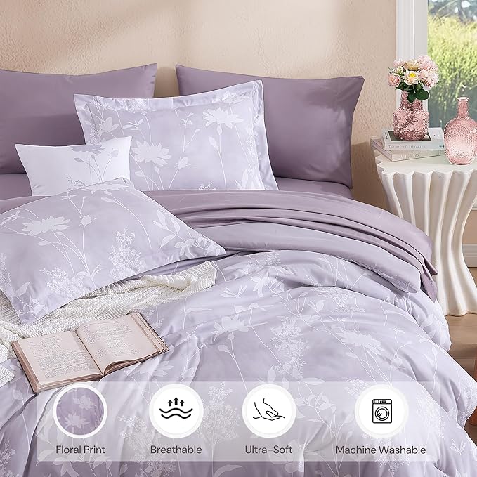 Full Comforter Set -7 Pieces Floral Purple Comforter Set for All Seasons, Bed in a Bag Full with Botanical Flowers Comforter, Sheets, Pillowcases & Shams
