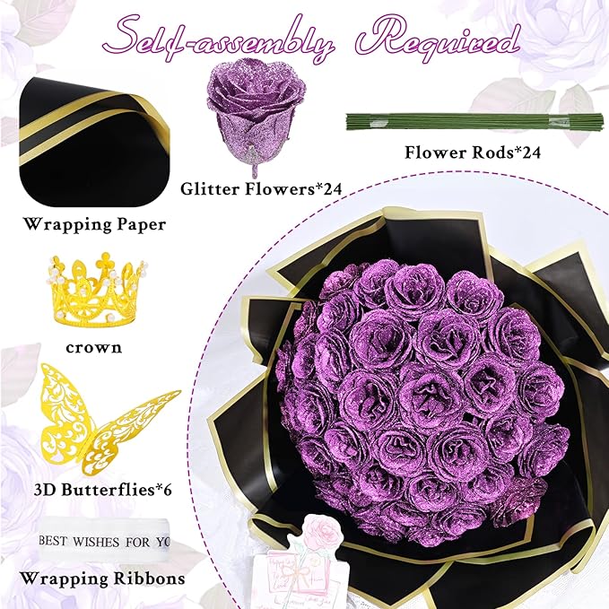 Waipfaru Glitter Roses Bouquet, DIY Lilac Fake Flowers Bouquet, Birthday Gifts for Women Mom, 24 Pcs Rose for Grandma Wife Girlfriend Valentines, Mothers Day, Anniversary, Graduation