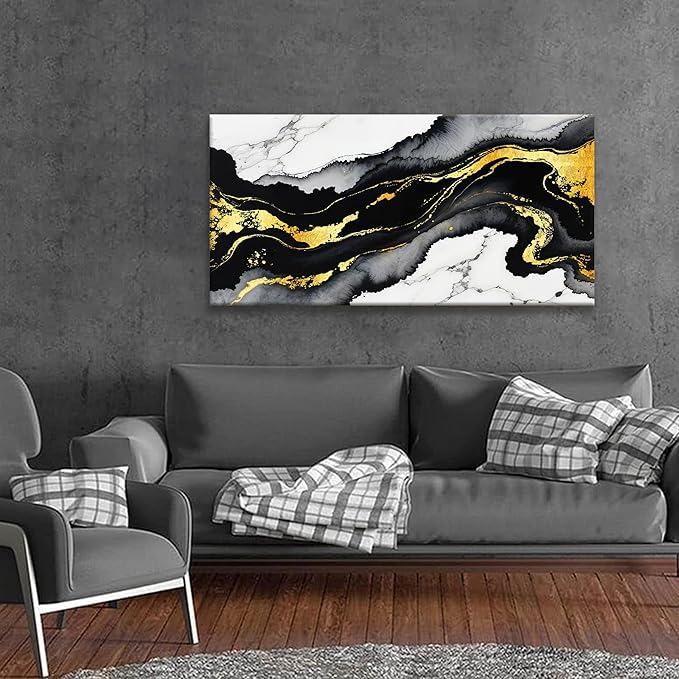 TAIJXAGSG Abstract Black And Gold Wall Art For Living Room Artwork Canvas Art Wall Decor Marble Texture Modern Canvas Prints Pictures Abstract Wall Decor For Home Hotel Decoration 24x48 Inch