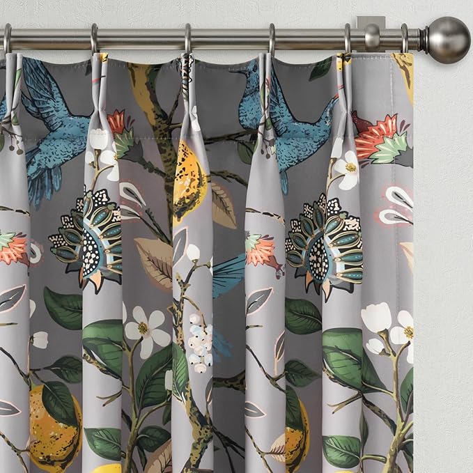 Vintage Floral Pinch Pleated Blackout Curtains 84 Inches Long 2 Panels for Bedroom Living Room Grey White Flower Patterned Room Darkening，Lemon Design Hummingbird Colorful Window Treatments Drapes