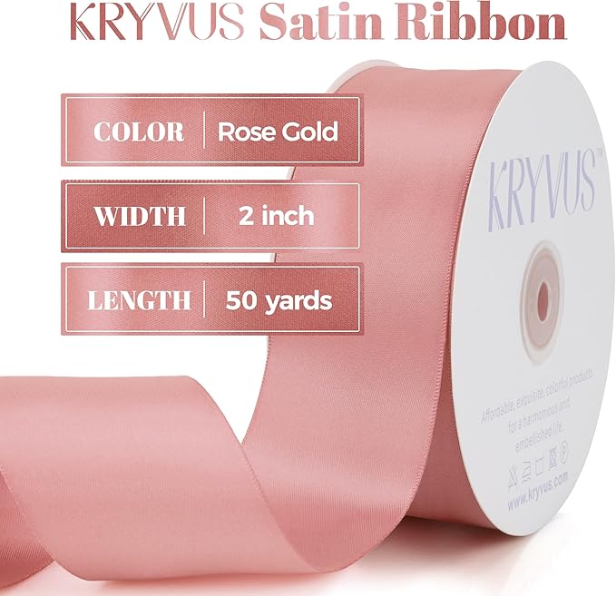 Rose Gold Satin Ribbon, Double Faced 2 Inch X 50 Yards Rose Gold Ribbon, Premium Satin Ribbon for Gift Wrapping, Crafts, Hair Bow Making, Sewing, Flower Bouquet, Wedding Party Decor