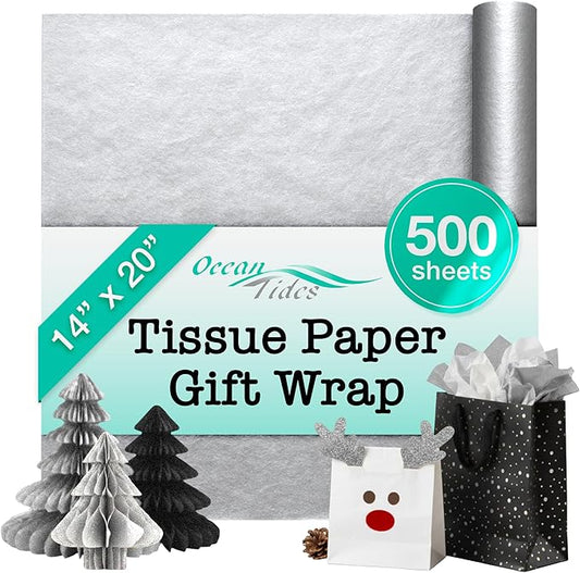Ocean Tides 500 Sheets (14 x 20 Inches) Christmas Wrapping Paper – Gift Wrapping Tissue Paper Bulk for Crafts, Birthdays, & Holidays – Colored Tissue Papers for Gift Bags & Decorations, Silver