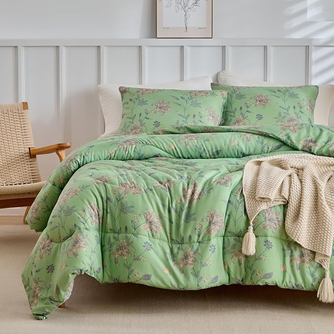 VM VOUGEMARKET Green Floral Bedding Twin XL Comforter Sets Soft Microfiber Vintage Garden Flower Bedding Comforter Set 1 Comforter & 2 Pillowcases Chic Botanical Comforter Set for Girls