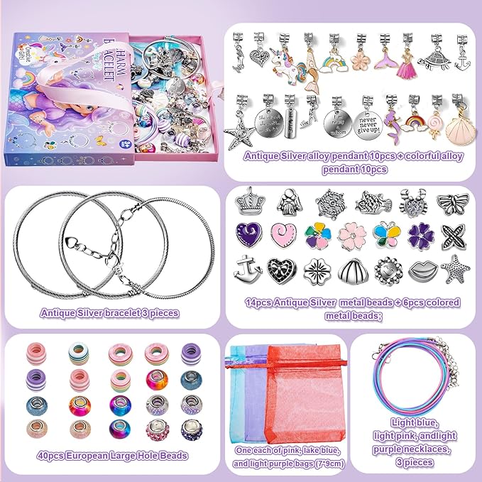 Taybonds Charm Bracelet Making Kit, DIY Jewelry Craft Toys, Creative Unicorn Mermaid Gift with Bracelets and Necklaces
