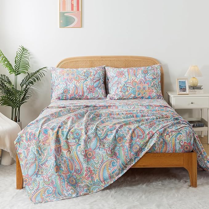 Zusbest Queen Size Bed Sheet Set 100% Cotton Pink Green Paisley Floral Sheets Watercolor Bedding Luxury Soft Breathable Crispy Cooling Percale Sheets 17.5 Inches Deep Pocket Sheets Queen, 4 Pieces
