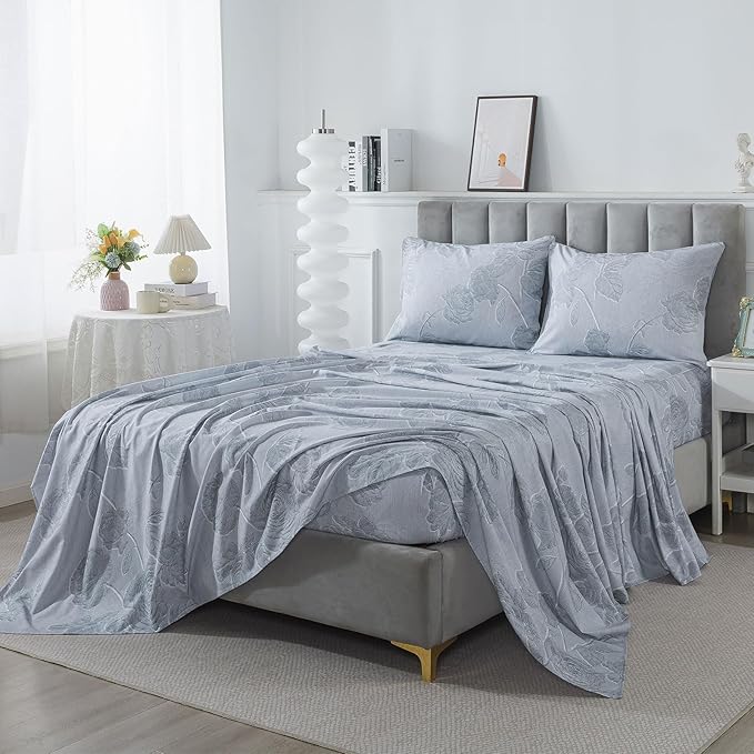 FADFAY Grey Vintage Floral King Size Sheets Set 100% Brushed Cotton Shabby Rose Flower Pattern Bedding Set Deep Pocket Sheets with 2 Pillowcases Luxury Breathable Soft 4pcs, King Size