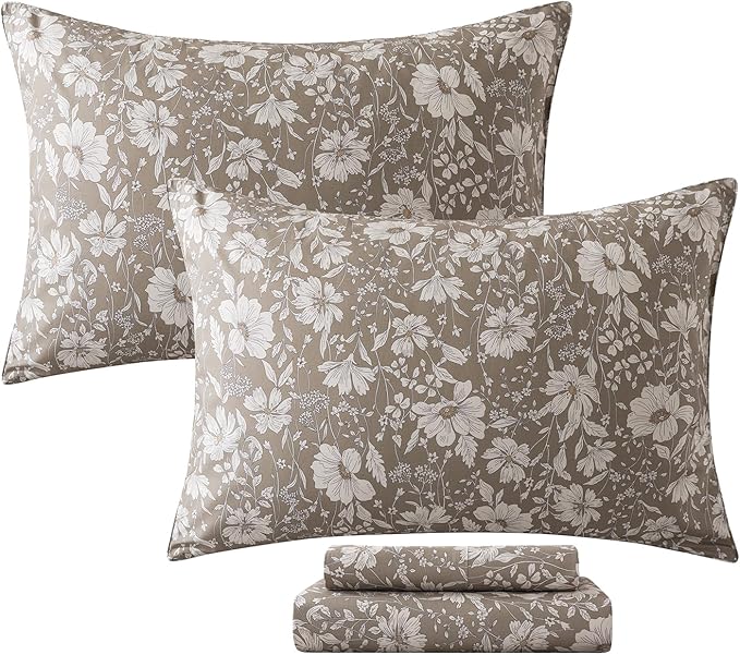 FADFAY 100% Cotton Floral Bed Sheet Set California King, Mocha Mousse Botanical Flower Bedding, Soft Breathable All Season Cotton Sheets with Flat Sheet, Deep Pocket Fitted Sheet & 2 Pillowcases